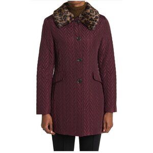 Kate Spade Womens Plum Quilted Leopard Faux Fur Collar Pea Coat Sz S New
